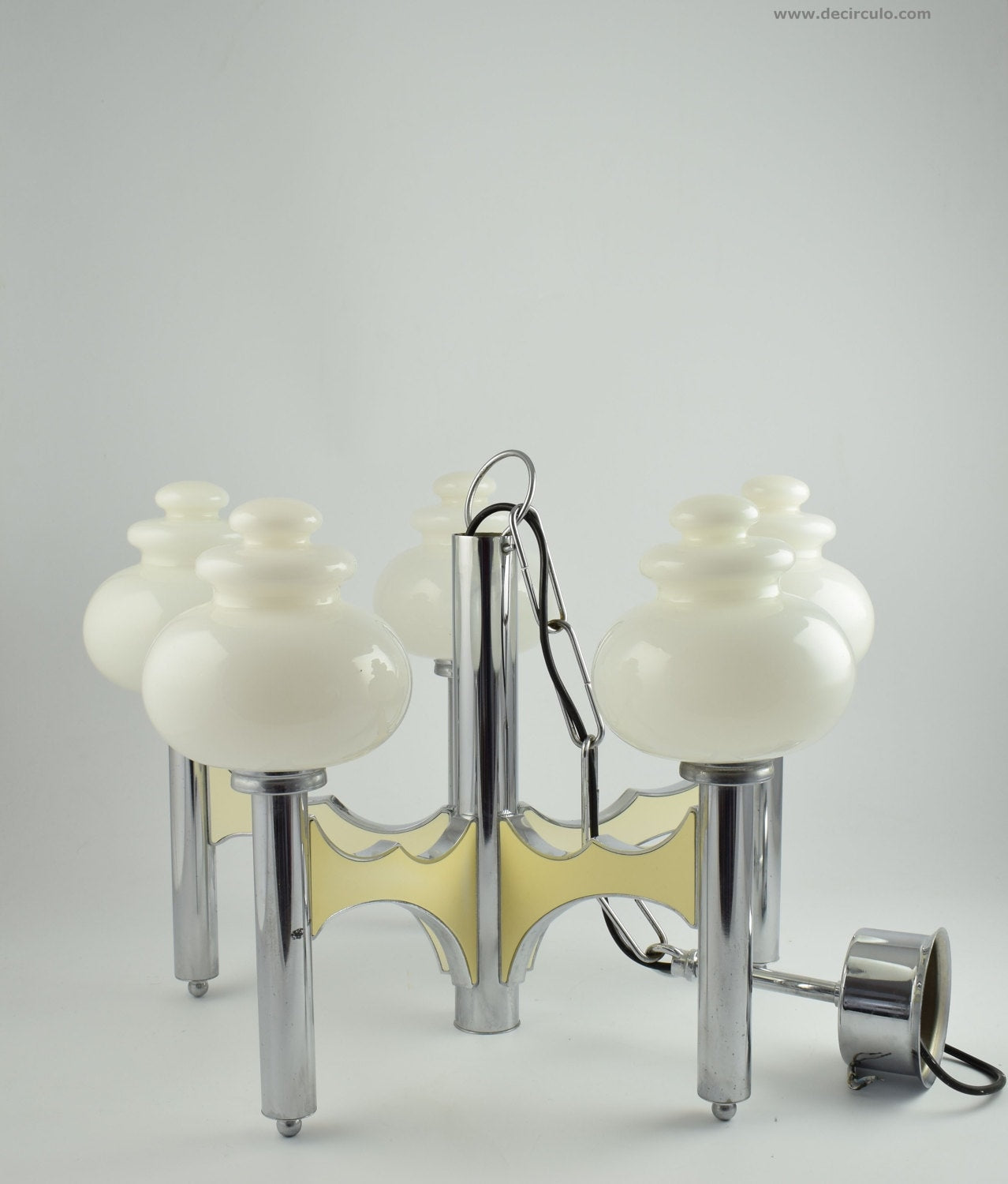 Sciolari pendant lamp, large Italian five arm regency chandelier in chrome and white glass