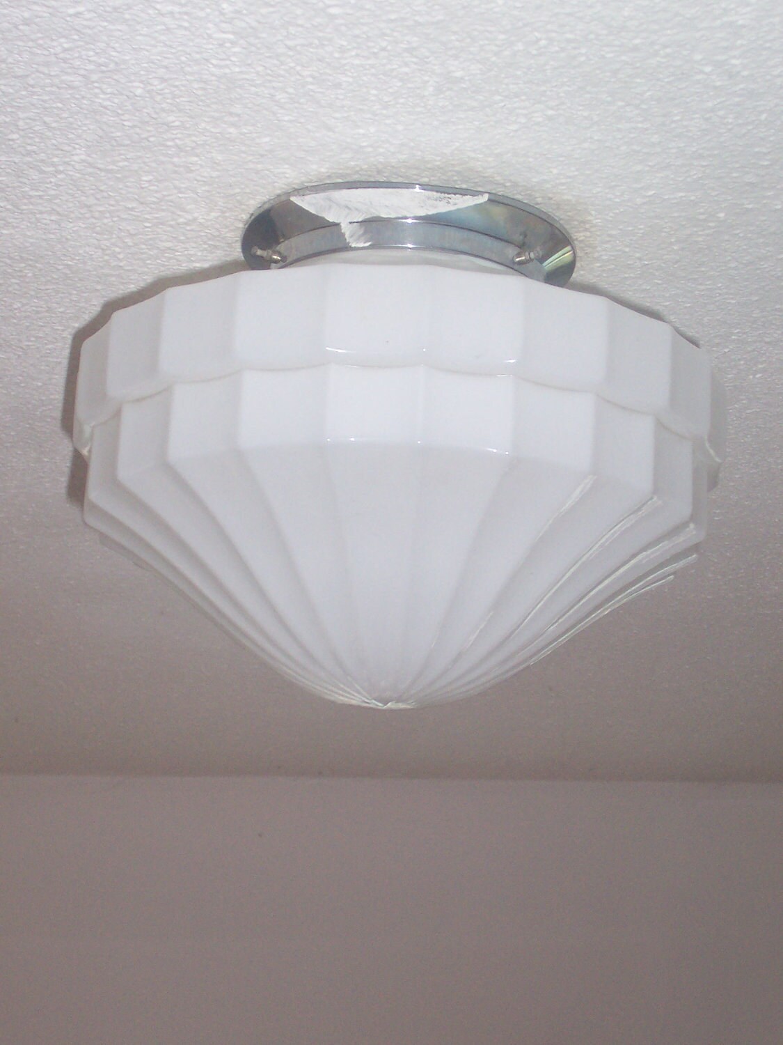 Art Deco milk glass ceiling light from the 1920s perfect for elegant bathroom, hallway or living