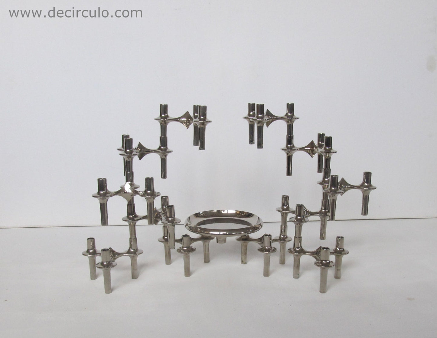 Set of 12 BMF stackable candle holders plus bowl, nagel metal candlesticks with tray