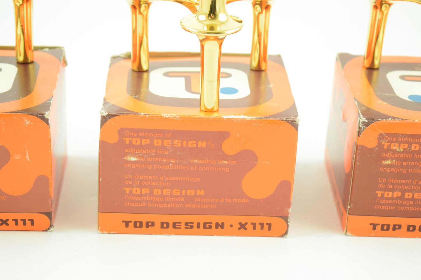 Set of 3 gold plated stackable space age candle holders designed by Fritz Nagel 1960s candle sticks in original box