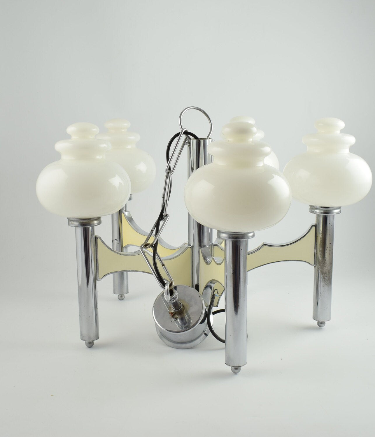Lámpara colgante Sciolari, gran lámpara regencia italiana de cinco brazos en cromo y cristal blanco