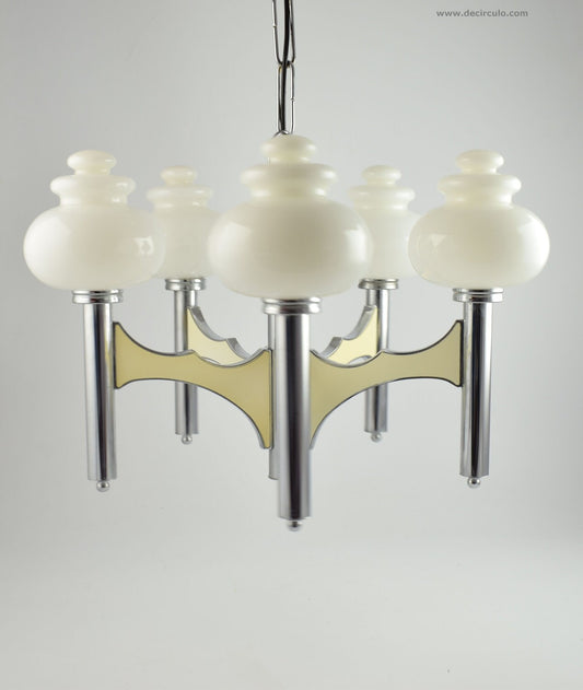 Sciolari hanglamp, grote Italiaanse vijfarmige regentschapkroonluchter in chroom en wit glas