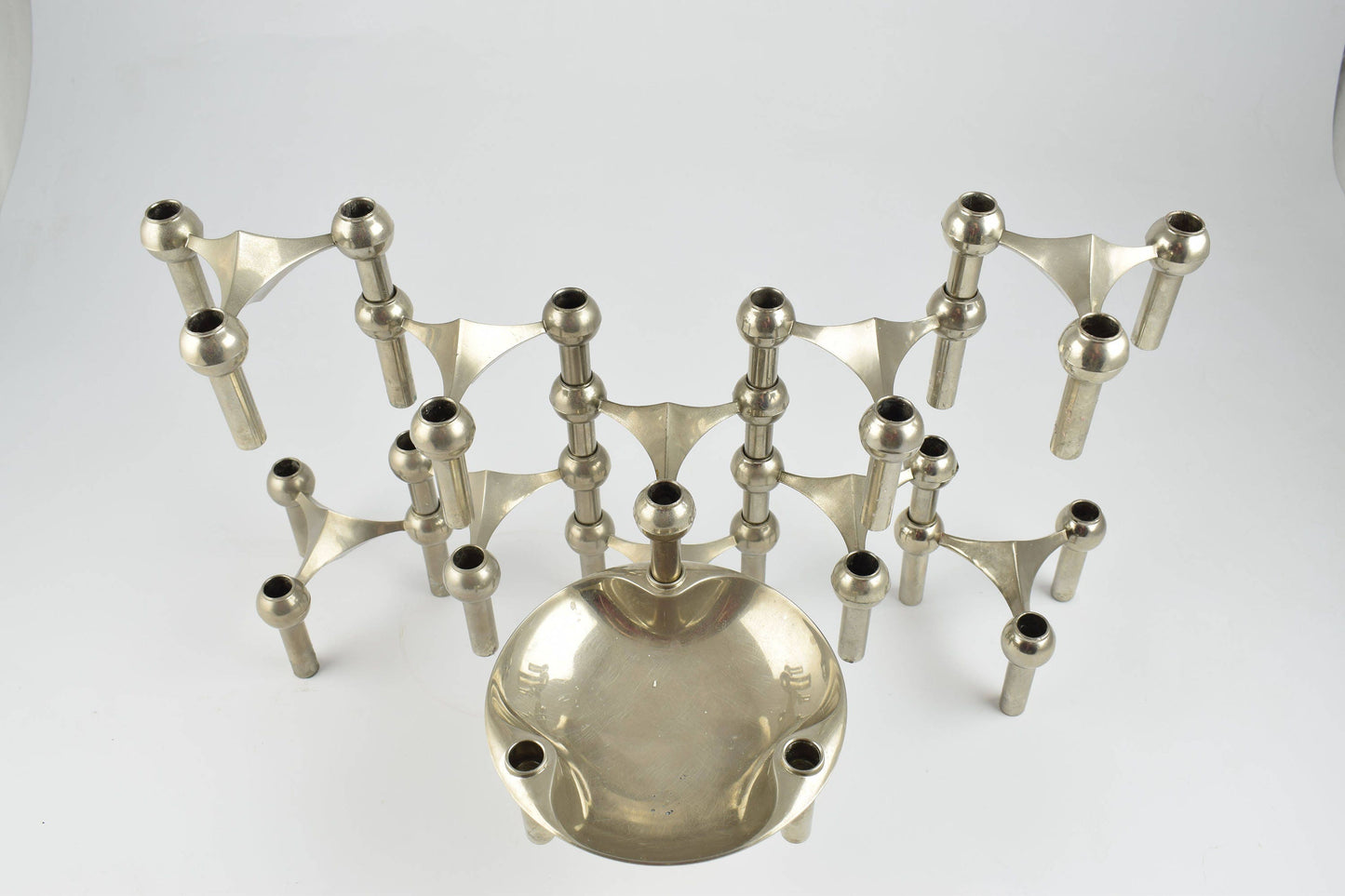 Set of 10 with bowl nagel stackable Candle holders designed by Ceasar Stoffi and Fritz Nagel and manufactured by BMF