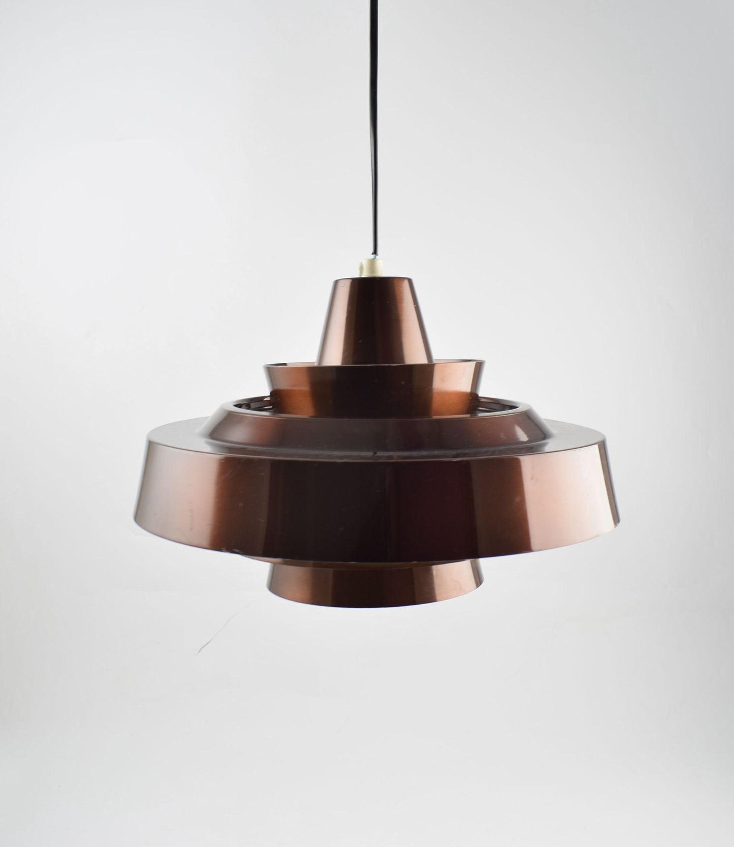 Danish or Scandinavian cognac brown pendant lamp, aluminum hanging lamp