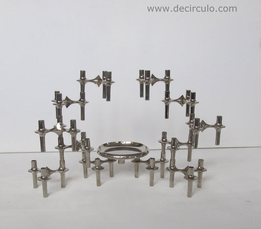 Juego de 12 portavelas apilables BMF más cuenco, candelabros de metal nagel con bandeja