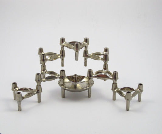 Conjunto de 7 portavelas de la era espacial más cuenco diseñado por Fritz Nagel BMF candelabros de la década de 1960 y apilable + cuenco