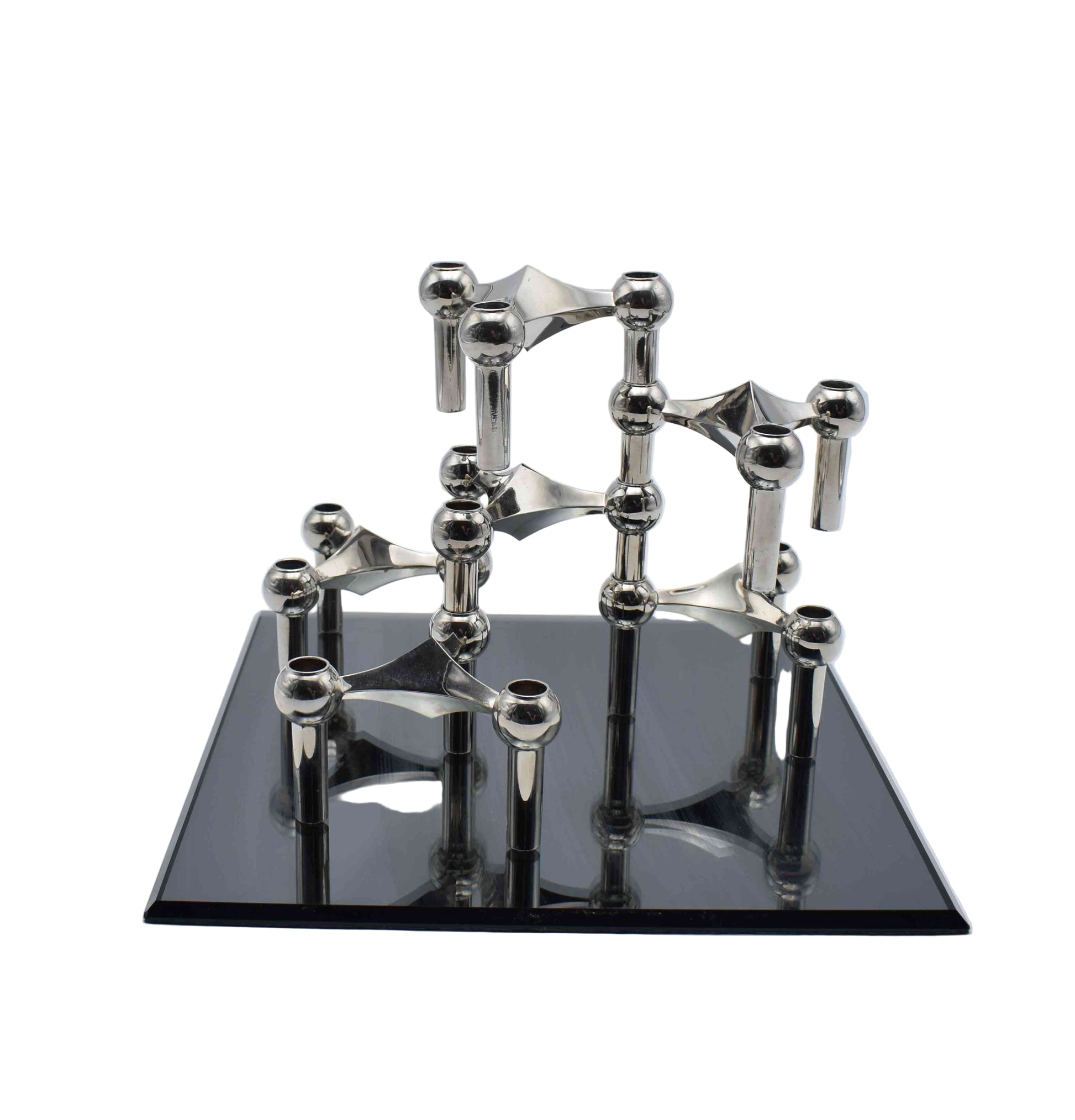 nagel S22 base, nagel candle holders, nagel bmf candle, chrome candlesticks, metal candleholder, mid century modern, base bmf antique, industrial age, chanel guzzi prada, s44 nagel bowl, space age, glass plate decor, stunning gift