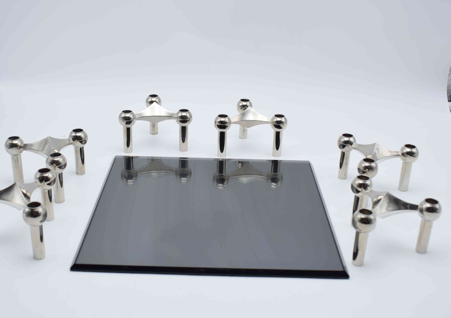 nagel S22 base, nagel candle holders, nagel bmf candle, chrome candlesticks, metal candleholder, mid century modern, base bmf antique, industrial age, chanel guzzi prada, s44 nagel bowl, space age, glass plate decor, stunning gift