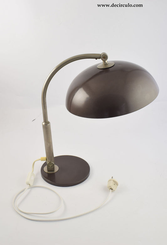 Hala Desk lamp Model 144 designed Busquet, famous dark grayish brown and chrome design table light from The Netherlands