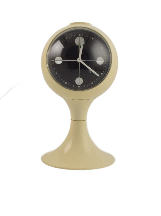 Hema by Blessing alarm clock, white pedestal tulip shape, made in Germany. Space age era, made of plastic from the early 1970S