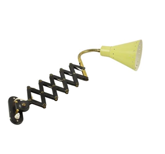 Scissors wall light. Vintage yellow harmonica or scissors wall lamp from the 60s attributed to design firm Hala