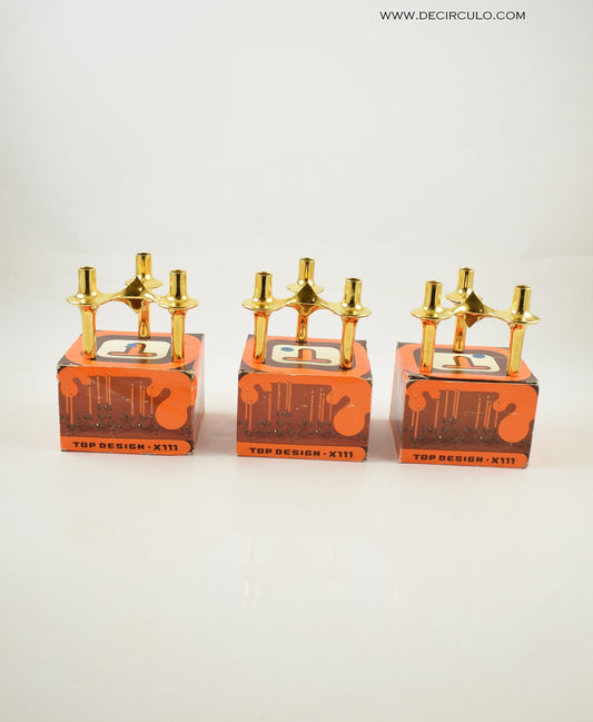 Set of 3 gold plated stackable space age candle holders designed by Fritz Nagel 1960s candle sticks in original box